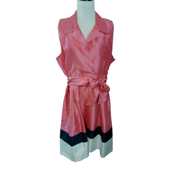 Jessica Howard Sleeveless Pink Satin Wrap Dress Belt Colorblock Hemline size 18 - Picture 4 of 16